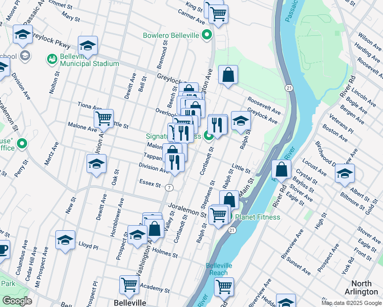 map of restaurants, bars, coffee shops, grocery stores, and more near 143 Little Street in Belleville