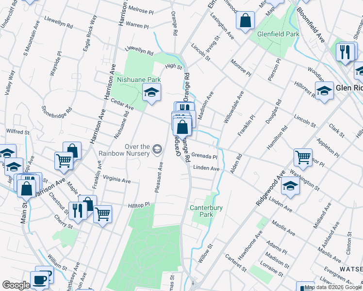map of restaurants, bars, coffee shops, grocery stores, and more near 323 Orange Road in Montclair