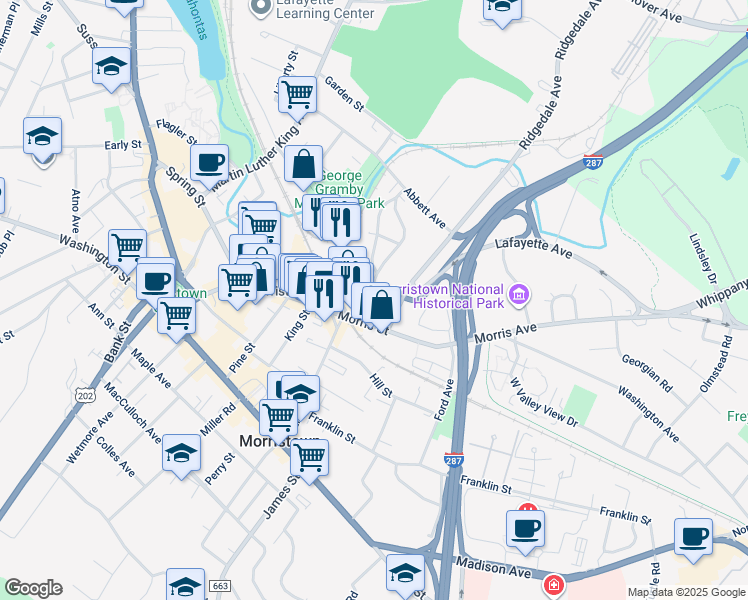 map of restaurants, bars, coffee shops, grocery stores, and more near 19 Olyphant Place in Morristown