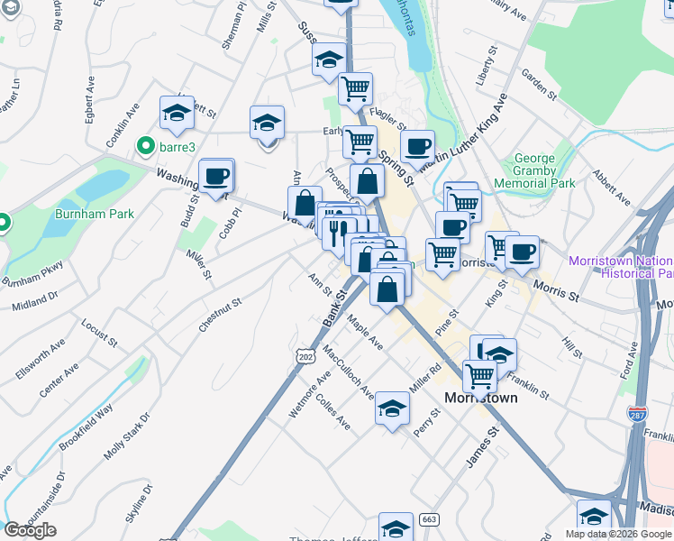 map of restaurants, bars, coffee shops, grocery stores, and more near 6 Washington Street in Morristown