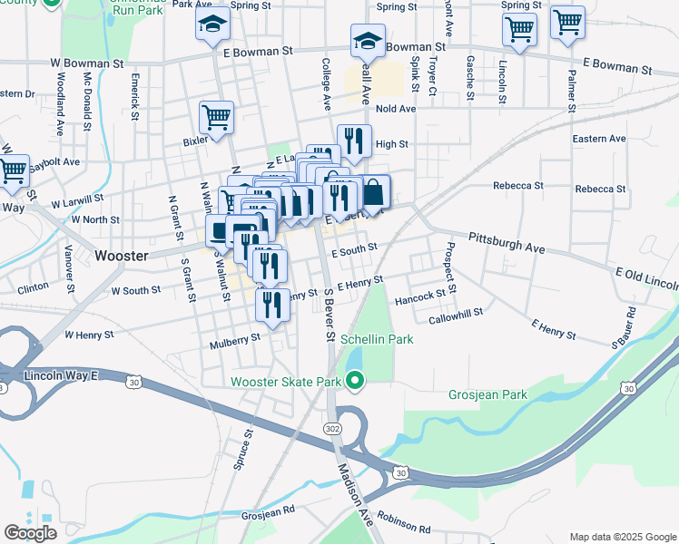 map of restaurants, bars, coffee shops, grocery stores, and more near 311 East South Street in Wooster
