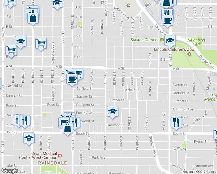 map of restaurants, bars, coffee shops, grocery stores, and more near 1544 South 20th Street in Lincoln