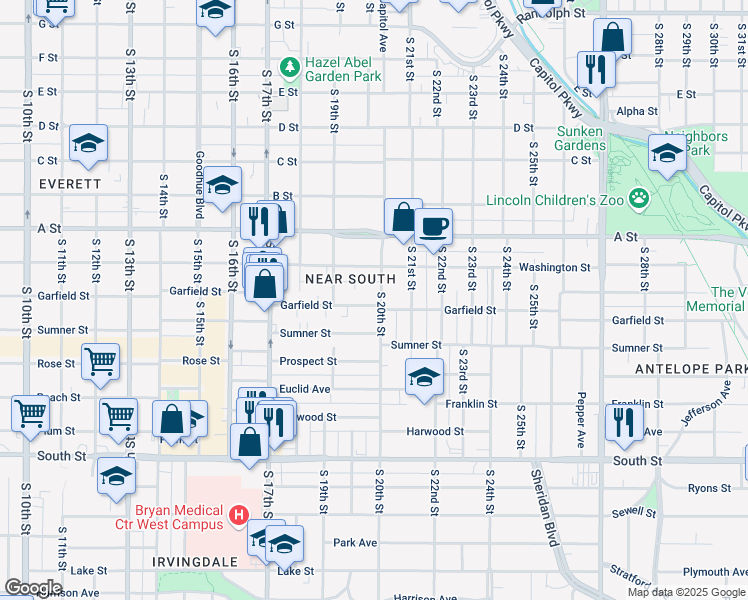 map of restaurants, bars, coffee shops, grocery stores, and more near 1544 South 20th Street in Lincoln