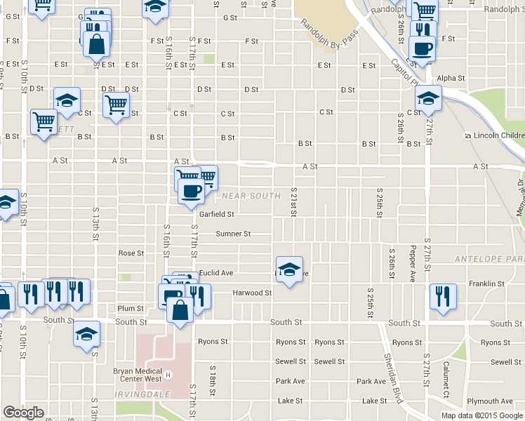 map of restaurants, bars, coffee shops, grocery stores, and more near 1934 Garfield Street in Lincoln