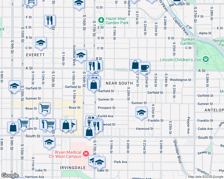 map of restaurants, bars, coffee shops, grocery stores, and more near 1828 Garfield Street in Lincoln