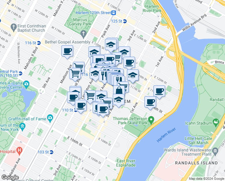 map of restaurants, bars, coffee shops, grocery stores, and more near 233 East 115th Street in New York