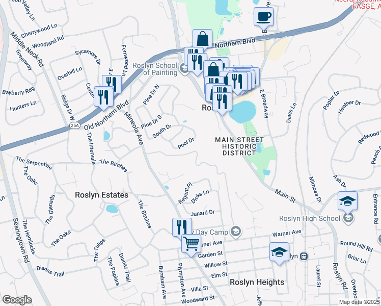 map of restaurants, bars, coffee shops, grocery stores, and more near 36 Glen Avenue in Roslyn