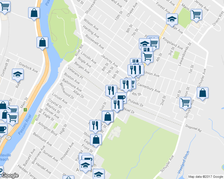 map of restaurants, bars, coffee shops, grocery stores, and more near 24 Bergen Avenue in North Arlington