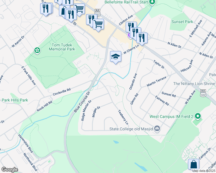 map of restaurants, bars, coffee shops, grocery stores, and more near 1051 Teaberry Lane in State College