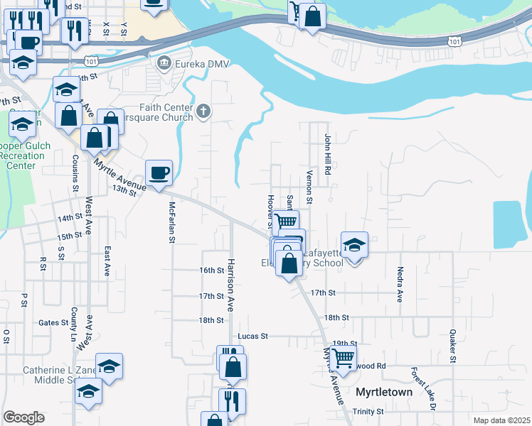 map of restaurants, bars, coffee shops, grocery stores, and more near 1404 Hoover Street in Eureka