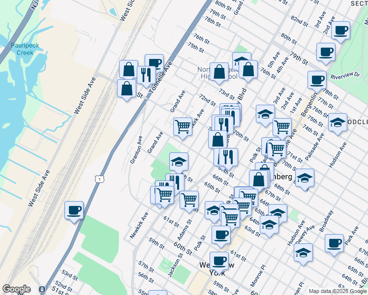 map of restaurants, bars, coffee shops, grocery stores, and more near 1309 67th Street in North Bergen