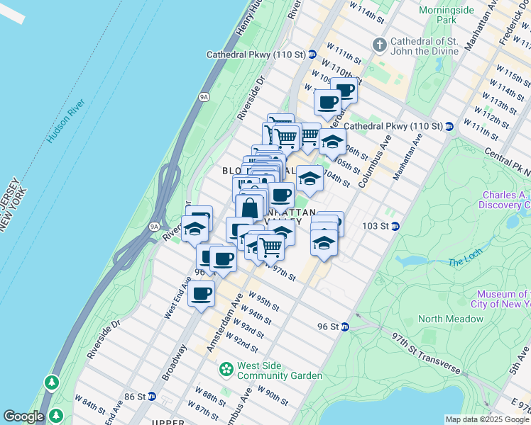 map of restaurants, bars, coffee shops, grocery stores, and more near 216 West 100th Street in New York