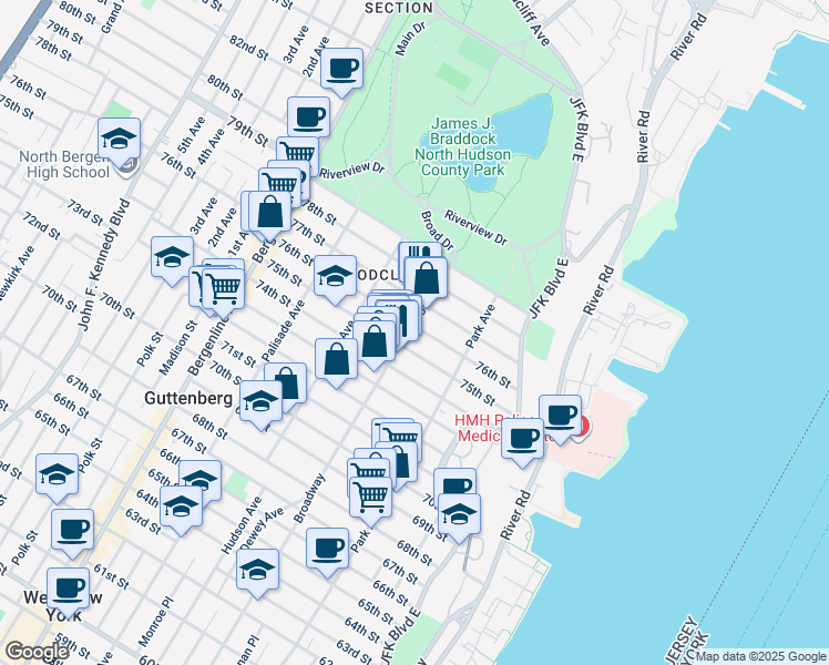 map of restaurants, bars, coffee shops, grocery stores, and more near 145 76th Street in North Bergen