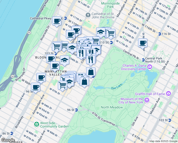 map of restaurants, bars, coffee shops, grocery stores, and more near 8 West 104th Street in New York