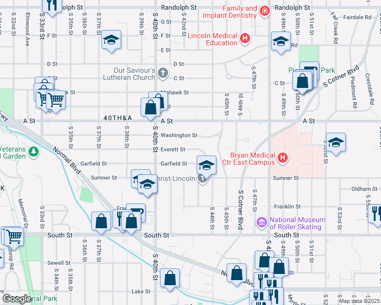 map of restaurants, bars, coffee shops, grocery stores, and more near 4225 Everett Street in Lincoln