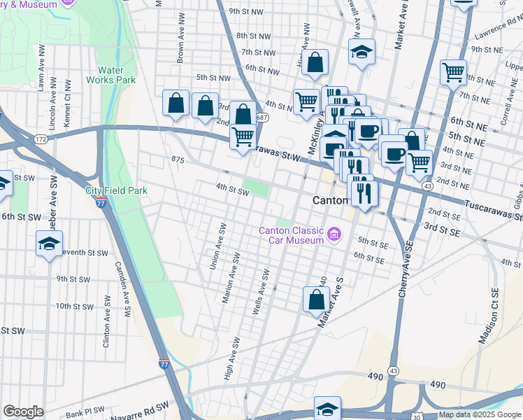 map of restaurants, bars, coffee shops, grocery stores, and more near 401 High Avenue Southwest in Canton