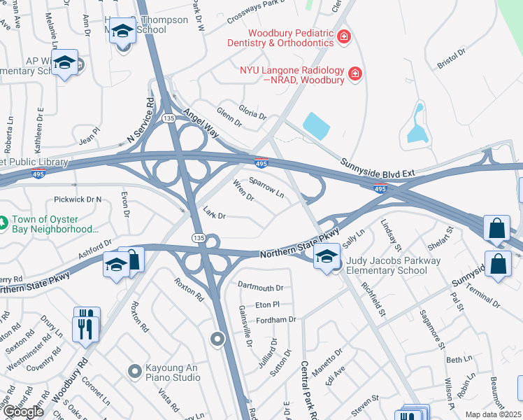 map of restaurants, bars, coffee shops, grocery stores, and more near 18 Wren Drive in Woodbury