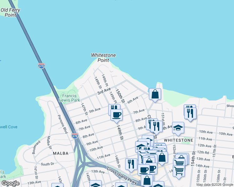 map of restaurants, bars, coffee shops, grocery stores, and more near 320 150th Street in Queens