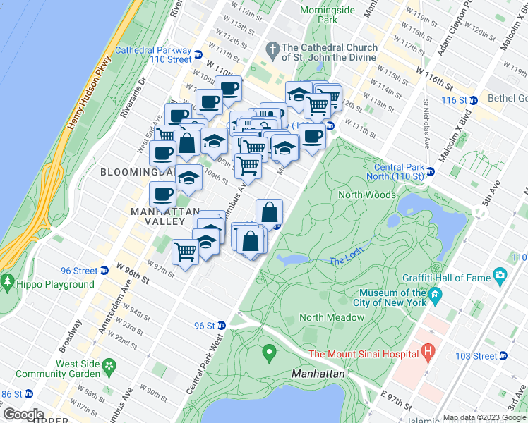 map of restaurants, bars, coffee shops, grocery stores, and more near 8 West 104th Street in New York