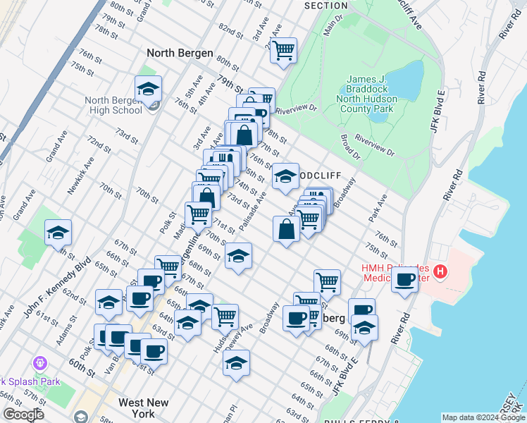map of restaurants, bars, coffee shops, grocery stores, and more near 330 73rd Street in North Bergen