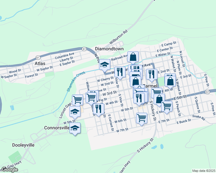 map of restaurants, bars, coffee shops, grocery stores, and more near 41 North Poplar Street in Mount Carmel