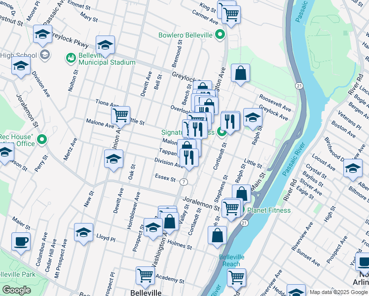 map of restaurants, bars, coffee shops, grocery stores, and more near 15 Malone Avenue in Belleville