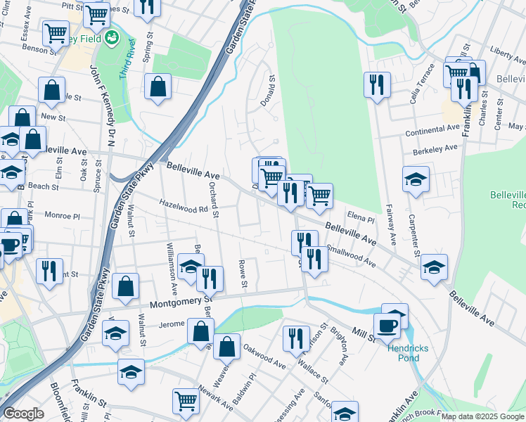 map of restaurants, bars, coffee shops, grocery stores, and more near 18 Davey Street in Bloomfield