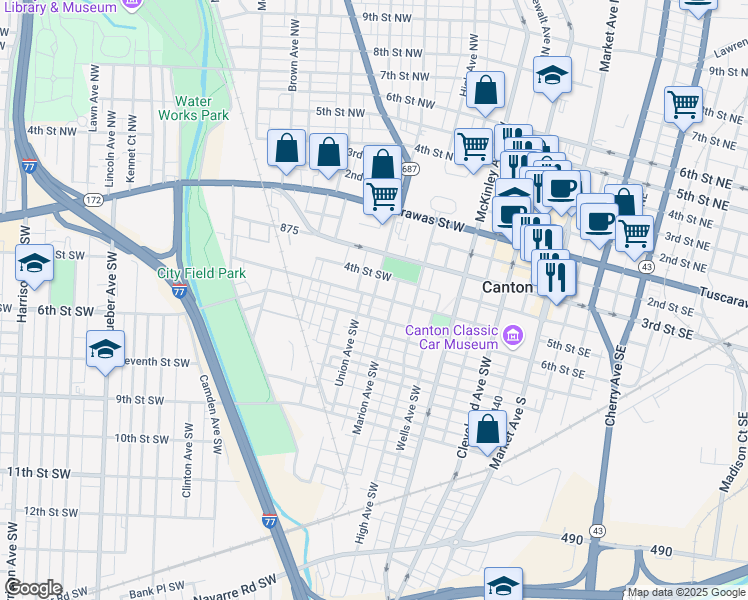 map of restaurants, bars, coffee shops, grocery stores, and more near 818 Shorb Avenue Southwest in Canton