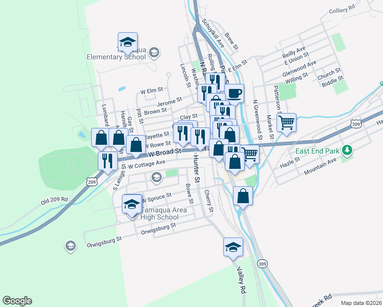 map of restaurants, bars, coffee shops, grocery stores, and more near 112 West Broad Street in Tamaqua
