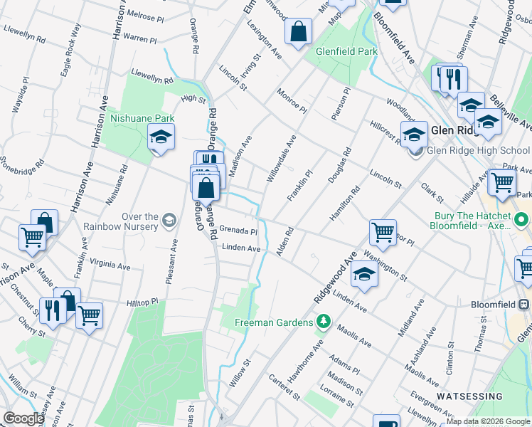 map of restaurants, bars, coffee shops, grocery stores, and more near 419 Washington Avenue in Montclair