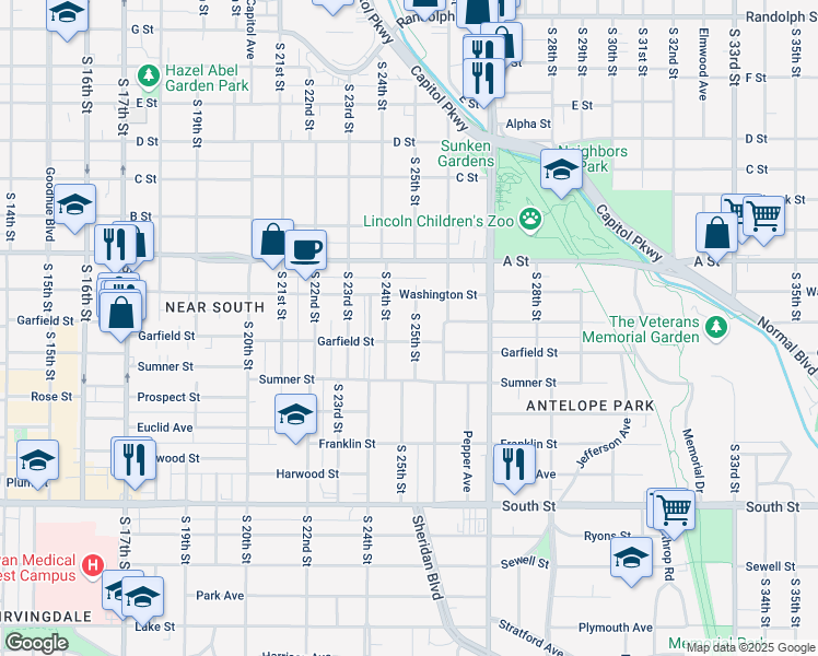 map of restaurants, bars, coffee shops, grocery stores, and more near 1551 South 25th Street in Lincoln