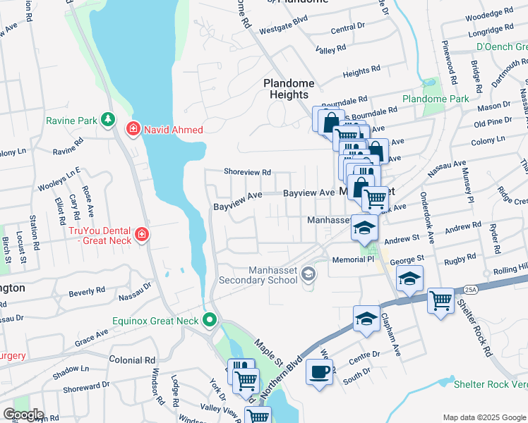 map of restaurants, bars, coffee shops, grocery stores, and more near 7 Bayview Court in Manhasset