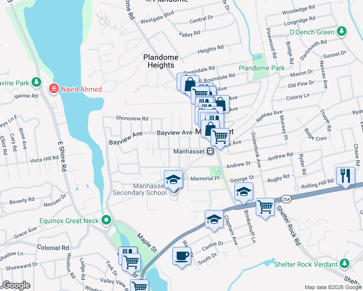 map of restaurants, bars, coffee shops, grocery stores, and more near 28 Linden Street in Manhasset