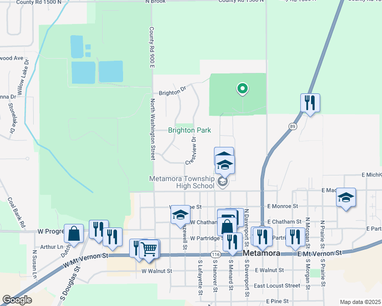 map of restaurants, bars, coffee shops, grocery stores, and more near 705 North Crestview Drive in Metamora