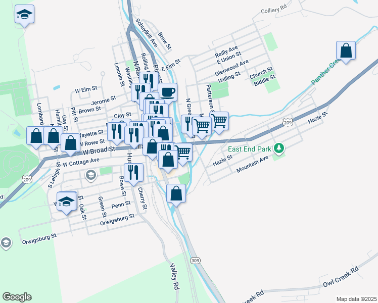 map of restaurants, bars, coffee shops, grocery stores, and more near 249 Cedar Street in Tamaqua