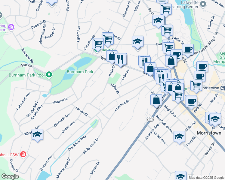 map of restaurants, bars, coffee shops, grocery stores, and more near 17 Miller St in Morristown