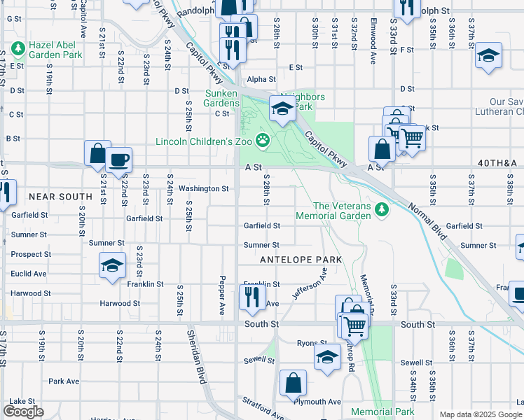 map of restaurants, bars, coffee shops, grocery stores, and more near 2763 Everett St in Lincoln