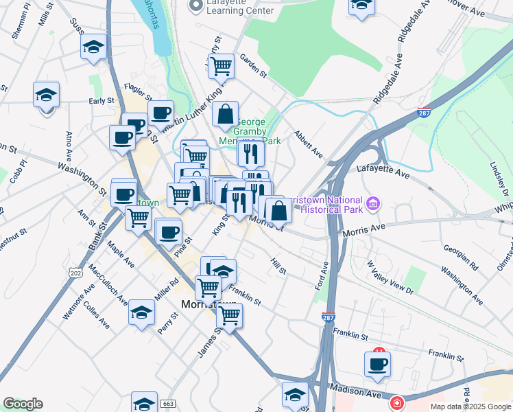 map of restaurants, bars, coffee shops, grocery stores, and more near 2 Lackawanna Place in Morristown