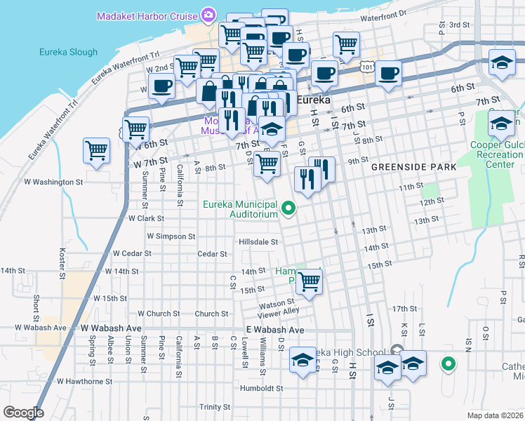map of restaurants, bars, coffee shops, grocery stores, and more near 1027 D Street in Eureka