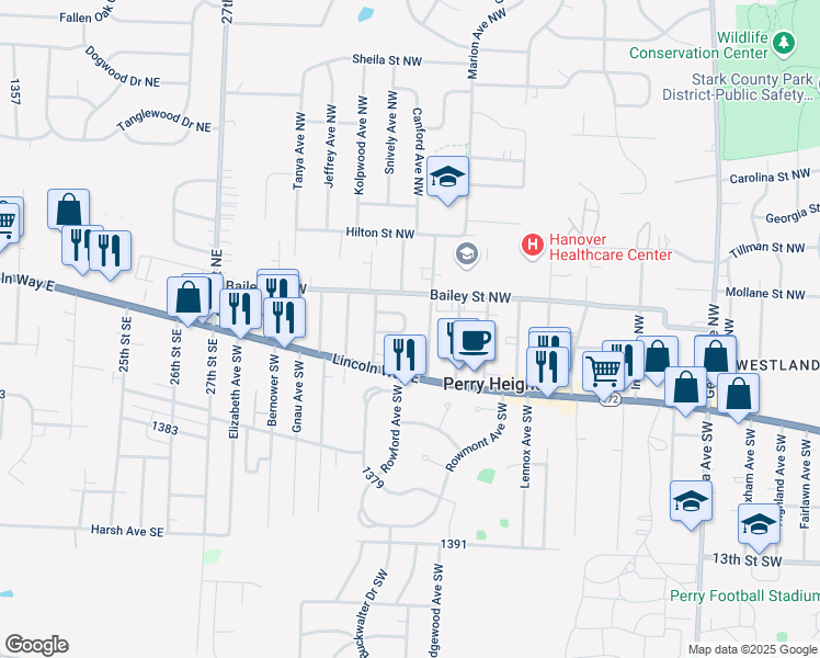 map of restaurants, bars, coffee shops, grocery stores, and more near 3065 Bayer Circle Northwest in Massillon