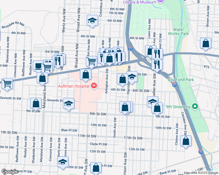 map of restaurants, bars, coffee shops, grocery stores, and more near 2323 6th Street Southwest in Canton