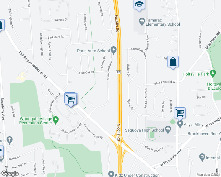 map of restaurants, bars, coffee shops, grocery stores, and more near 109 Springmeadow Drive in Holbrook