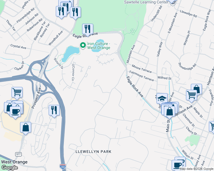 map of restaurants, bars, coffee shops, grocery stores, and more near 5 Rocky Way in West Orange