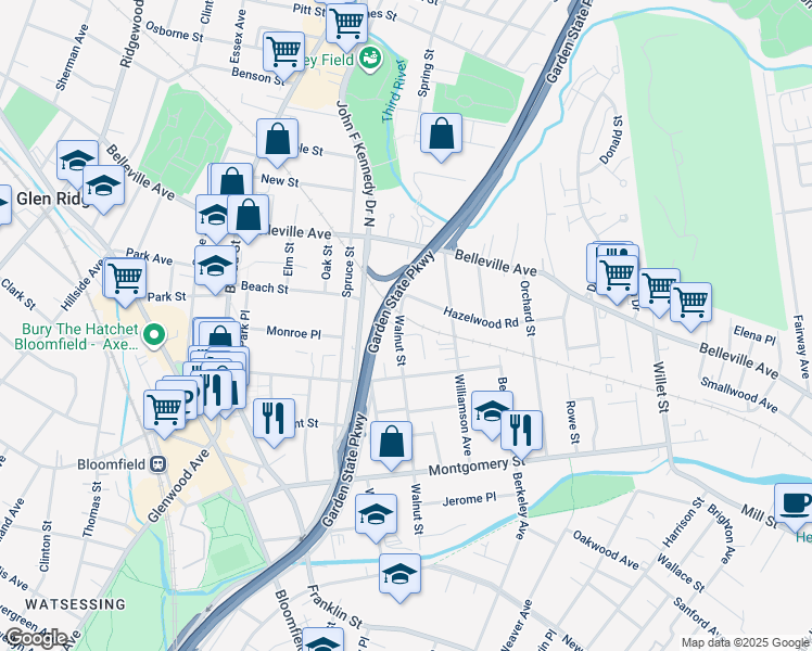 map of restaurants, bars, coffee shops, grocery stores, and more near 183 Walnut Street in Bloomfield