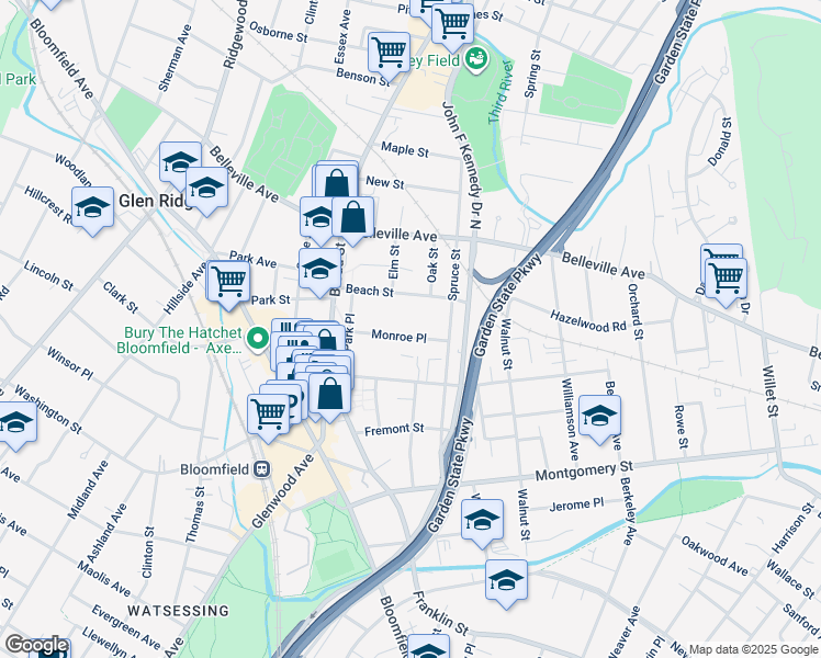map of restaurants, bars, coffee shops, grocery stores, and more near 55 Monroe Place in Bloomfield