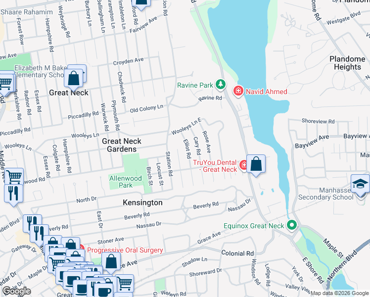 map of restaurants, bars, coffee shops, grocery stores, and more near 30 Johnstone Road in Great Neck