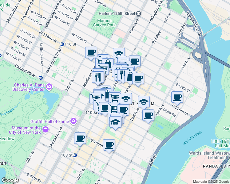 map of restaurants, bars, coffee shops, grocery stores, and more near 1839 Lexington Avenue in New York