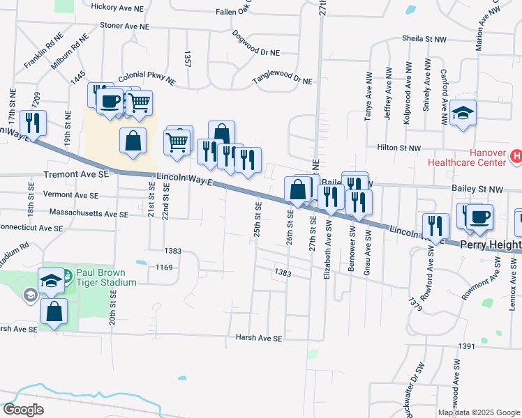 map of restaurants, bars, coffee shops, grocery stores, and more near 124 25th Street Southeast in Massillon