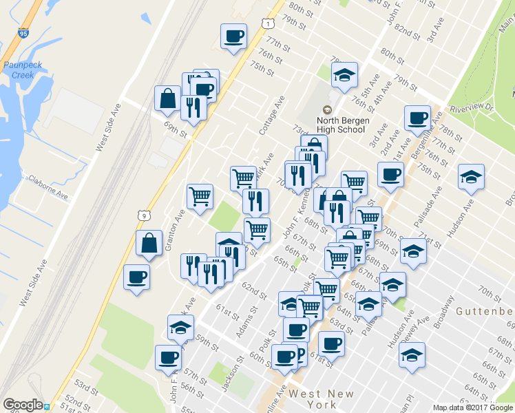 map of restaurants, bars, coffee shops, grocery stores, and more near 1214 67th Street in North Bergen