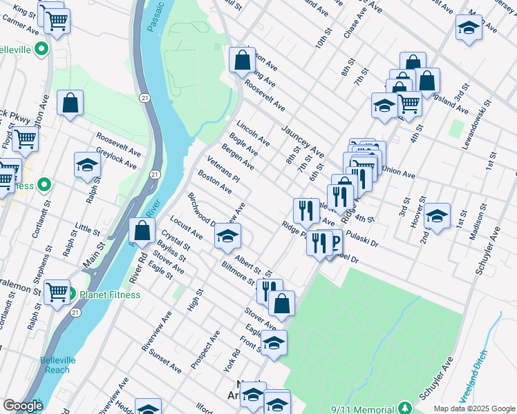 map of restaurants, bars, coffee shops, grocery stores, and more near 68 Boston Avenue in North Arlington